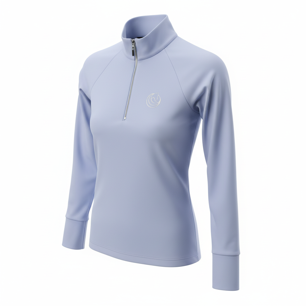 Blue Horse Spirit thermal riding layer with built-in hand covers and a distinctive silver zipper. Features an elegant stand collar and brushed luxury stretch fabric.