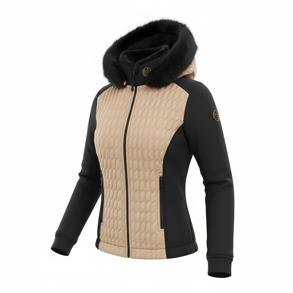 Beige and black Horse Spirit riding jacket with hood, showing the warmer quilted front and breathable side panels.