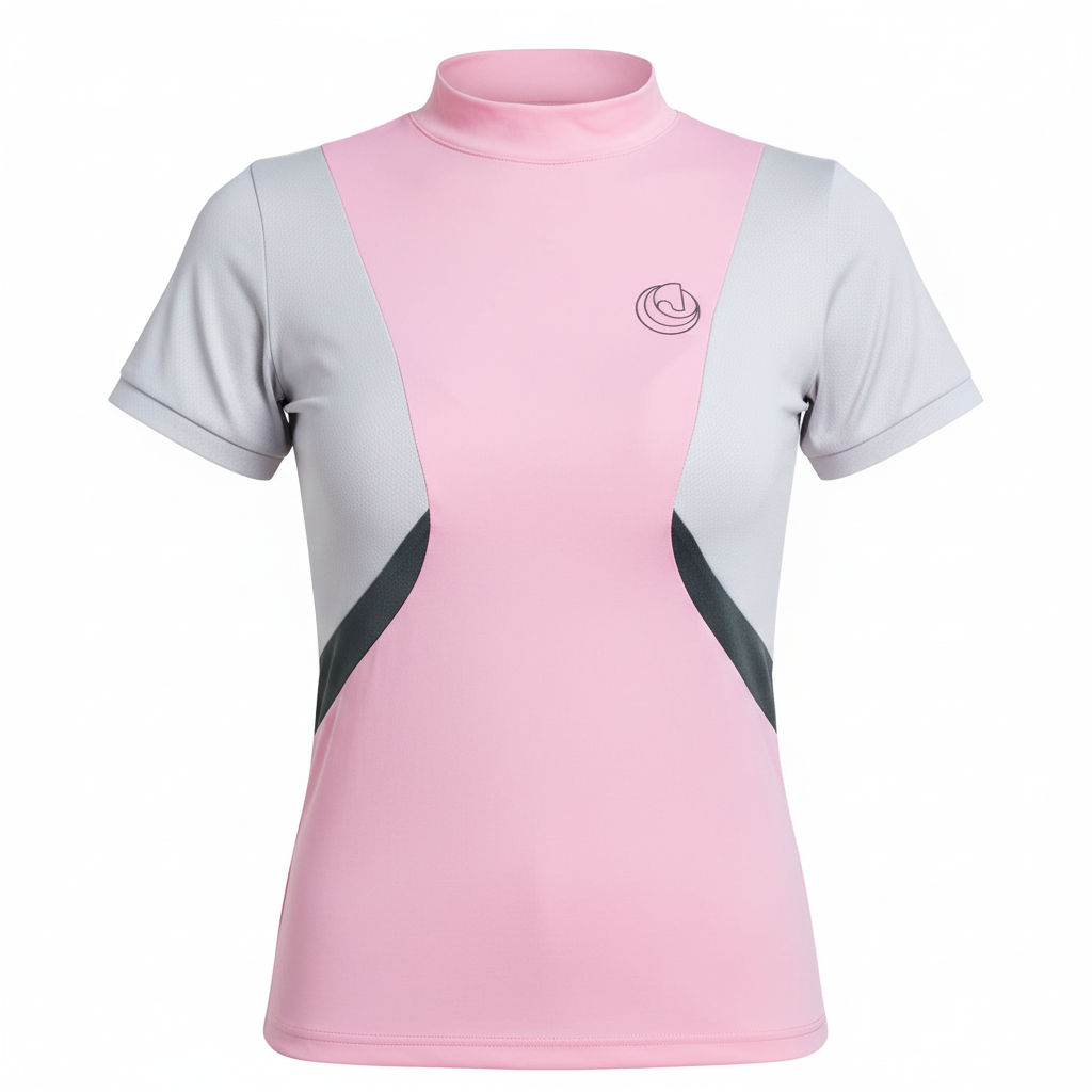 Horse Spirit Riding Top Line Pink in grey and pink - Front view showing the elegant HORSE Spirit motif, premium Italian fabric, and soft feminine color palette.