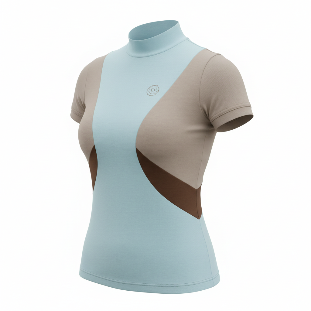 Horse Spirit Riding Top Line Blue in blue, beige, and brown - Front view showing the distinctive HORSE Spirit motif, premium Italian fabric, and fresh coastal color palette.