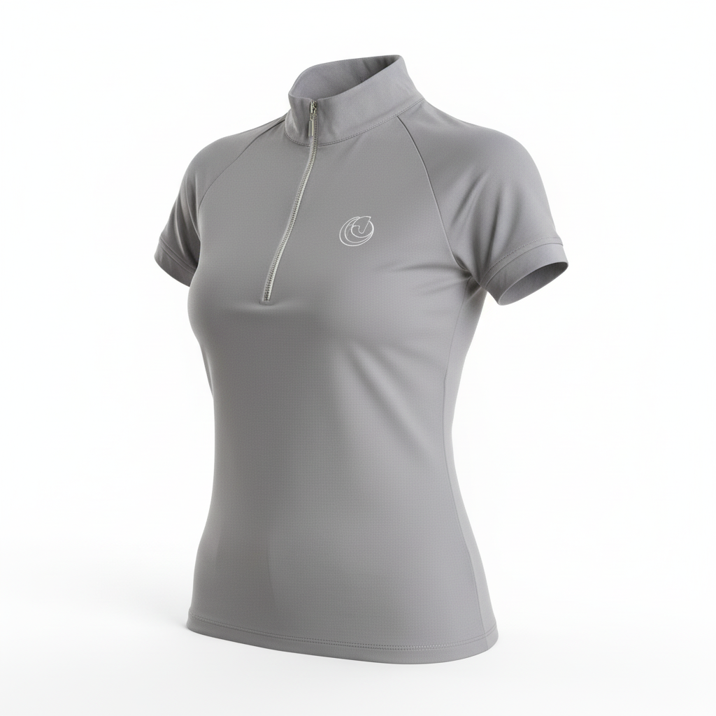 Horse Spirit Performance Tee in gray - Front view showing the athletic fit, iconic HORSE Spirit logo, and breathable performance fabric for riding and everyday wear.