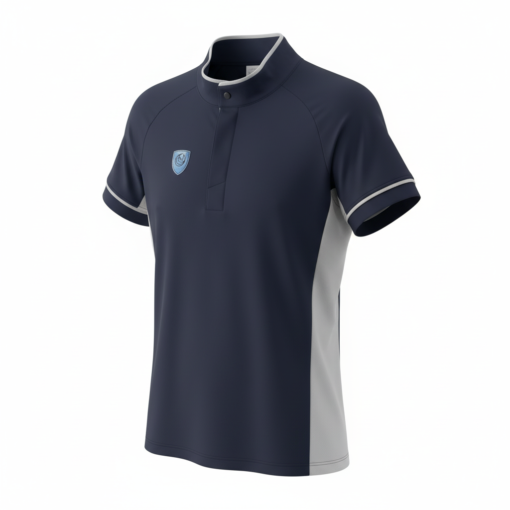 Blue Horse Spirit Sport Polo with a front view showing the athletic fit, collar design, and side mesh panels.