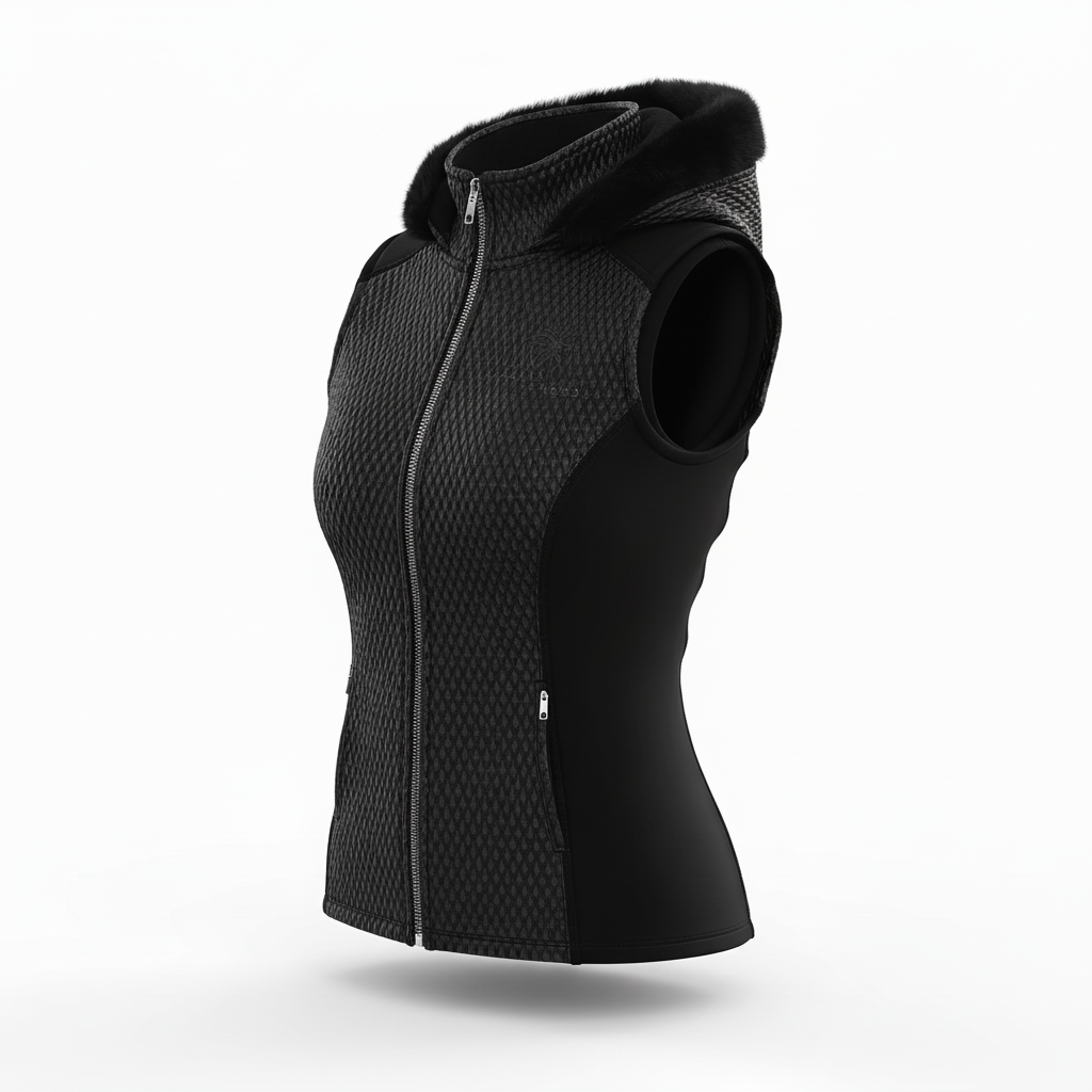Horse Spirit Black Riding Bodywarmer - Side view showing quilted front panel, breathable sides, and tailored feminine fit for elegant riding and casual wear.