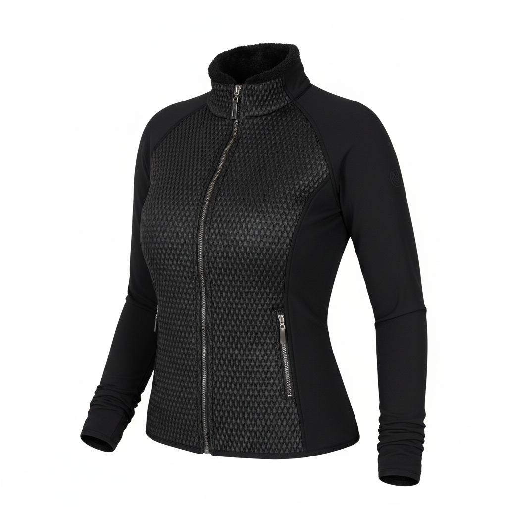 Black Horse Spirit hybrid riding jacket, featuring quilted front and back panels with breathable side panels.