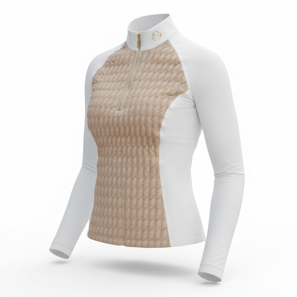 Horse Spirit Hybrid Jacket in beige and white - Side view showing insulated front panel, breathable sides, and tailored feminine fit for versatile riding and training.