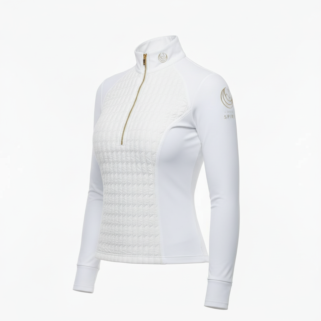 Side view of the Horse Spirit Hybrid Jacket - Shows the flattering silhouette, technical side panels, and insulated design for temperature regulation.