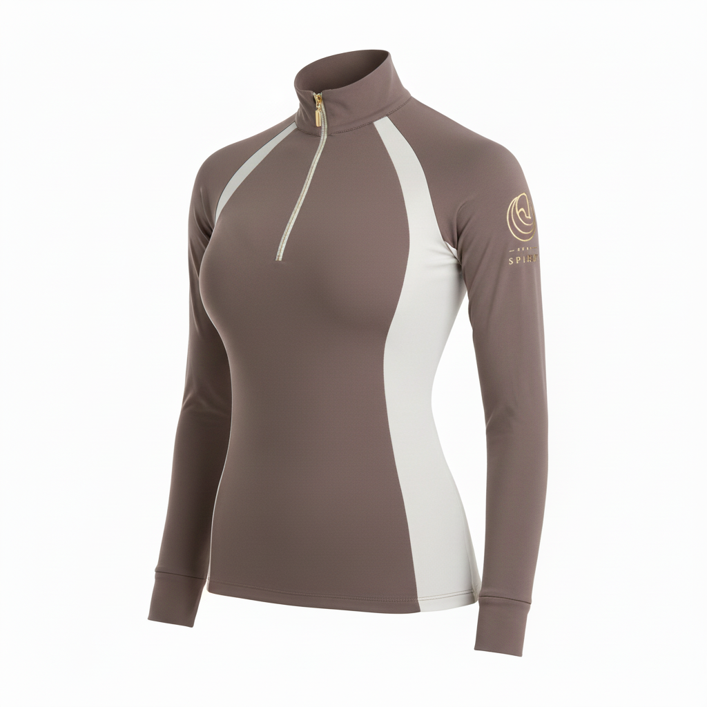 Brown and beige Horse Spirit thermal riding layer, featuring premium Italian fabric with a 4-way stretch and the Horse Spirit logo.
