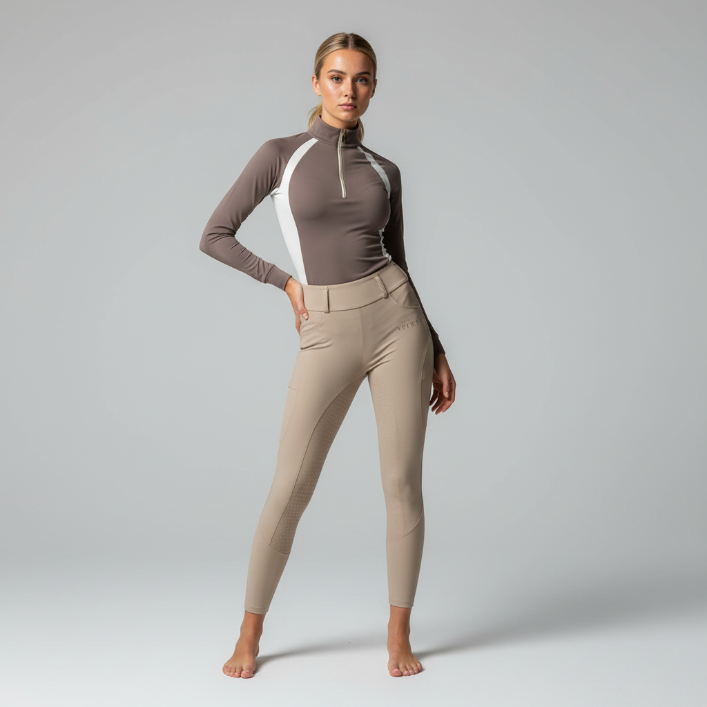 Equestrian model wearing the brown and beige Horse Spirit thermal riding layer, showing the tailored feminine fit and premium Italian fabric.