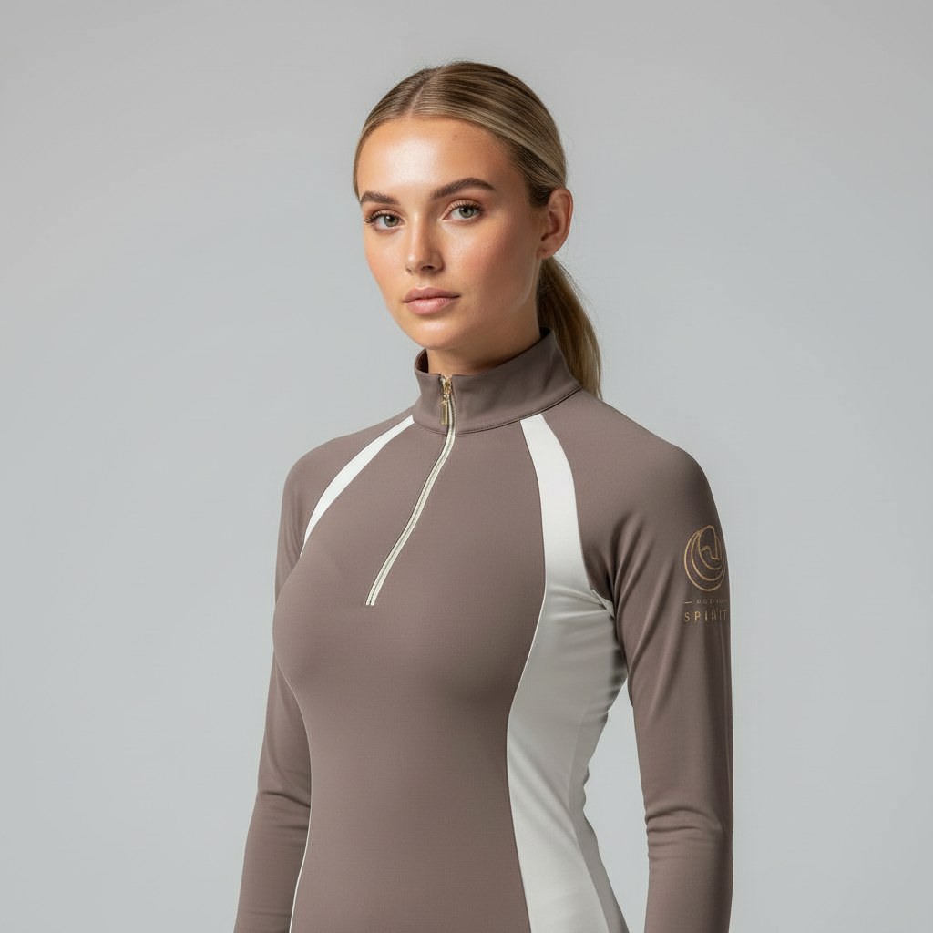 Equestrian model wearing the brown and beige Horse Spirit thermal riding layer, showing the tailored feminine fit and premium Italian fabric.