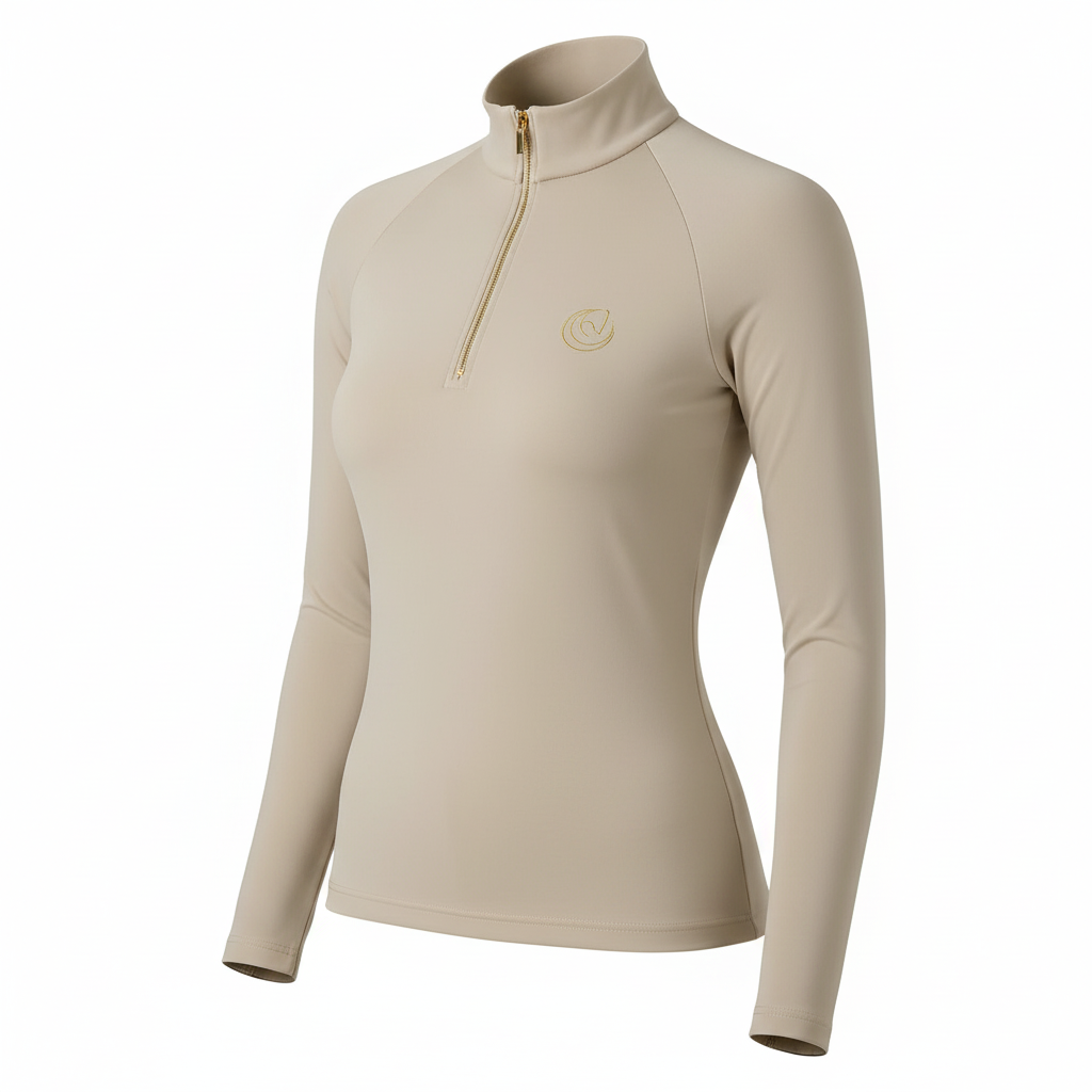 Horse Spirit Show Thermal Riding Layer in beige - Front view showing the tailored feminine fit, premium combed interior, and elegant competition design.