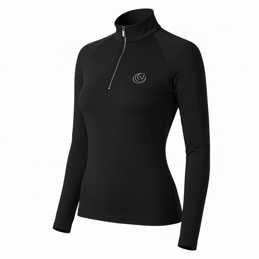 Horse Spirit Thermal Riding Layer in black - Front view showing the tailored feminine fit, premium combed interior, and elegant competition design.