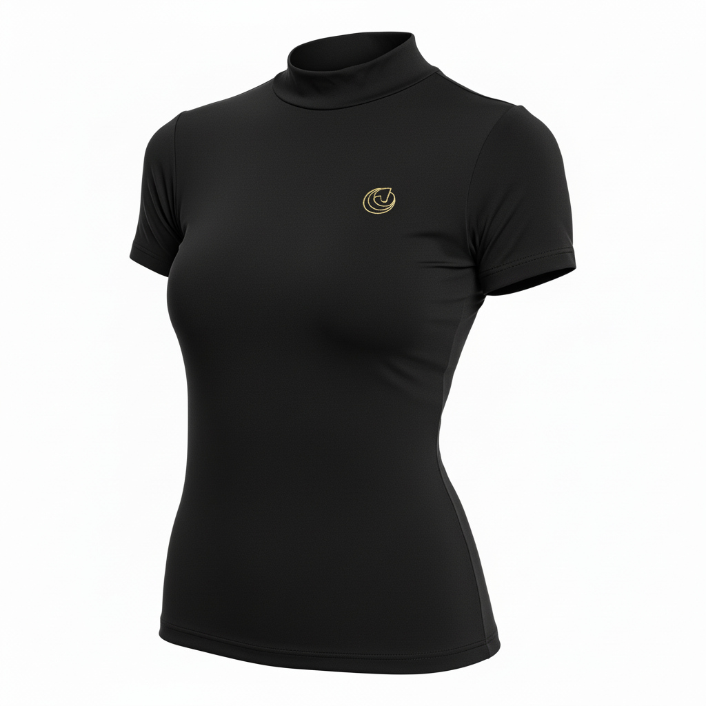 Horse Spirit Riding Top Line Basic Black - Front view showing the elegant HORSE Spirit motif, premium Italian fabric, and sleek monochrome color.