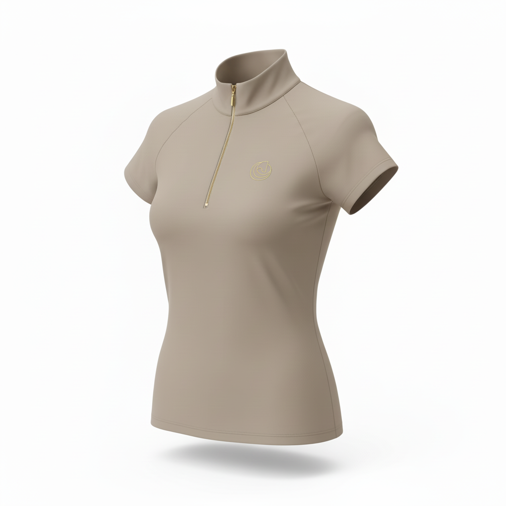 Horse Spirit Basic Riding T-Shirt in beige - Front view showing the athletic fit, iconic HORSE Spirit logo, and breathable performance fabric for riding and everyday wear.