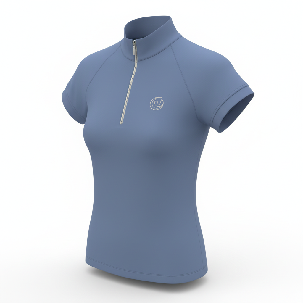 Horse Spirit Riding Shirt in blue - Front view showing the sleek silver zipper, minimalist design, and premium Italian performance fabric.