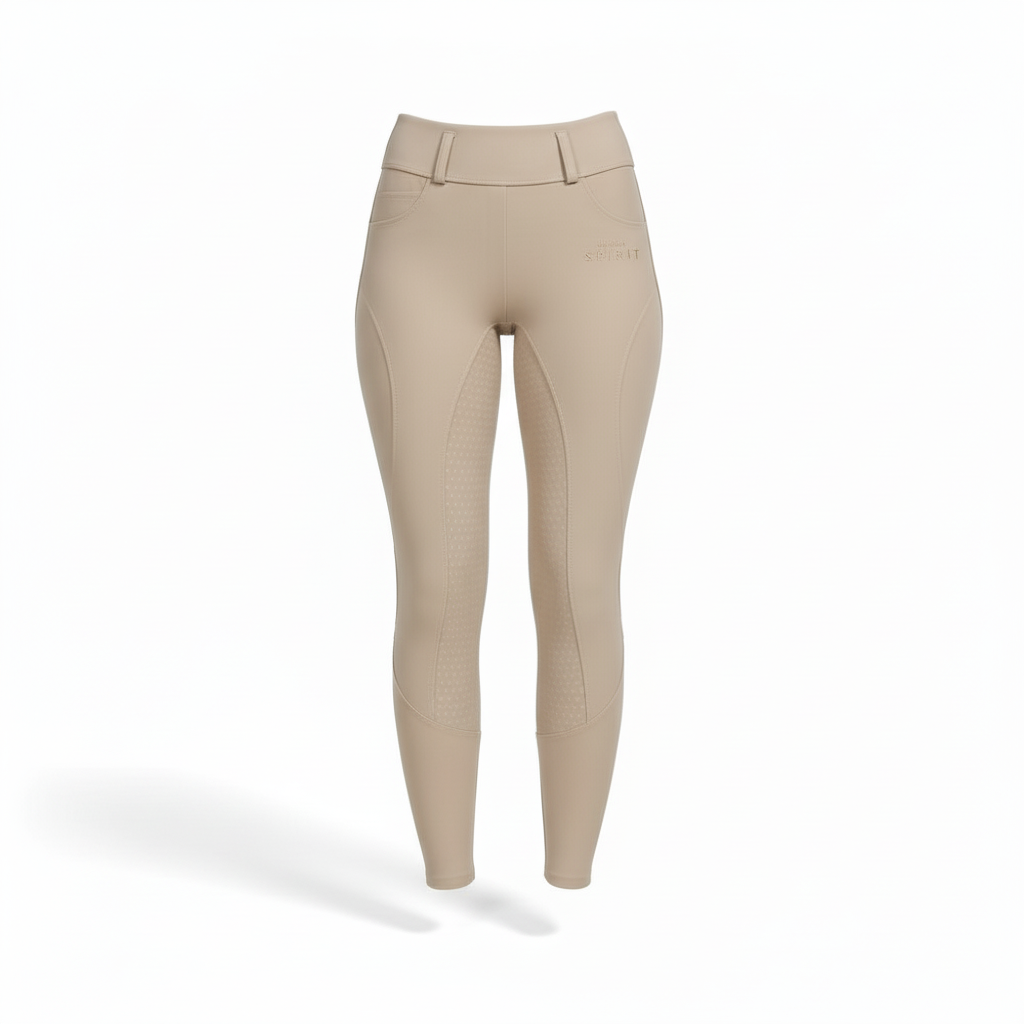 Horse Spirit Beige Leggings - Front view showing the flattering higher waist, shiny fabric, and thigh phone pocket for riding and training.