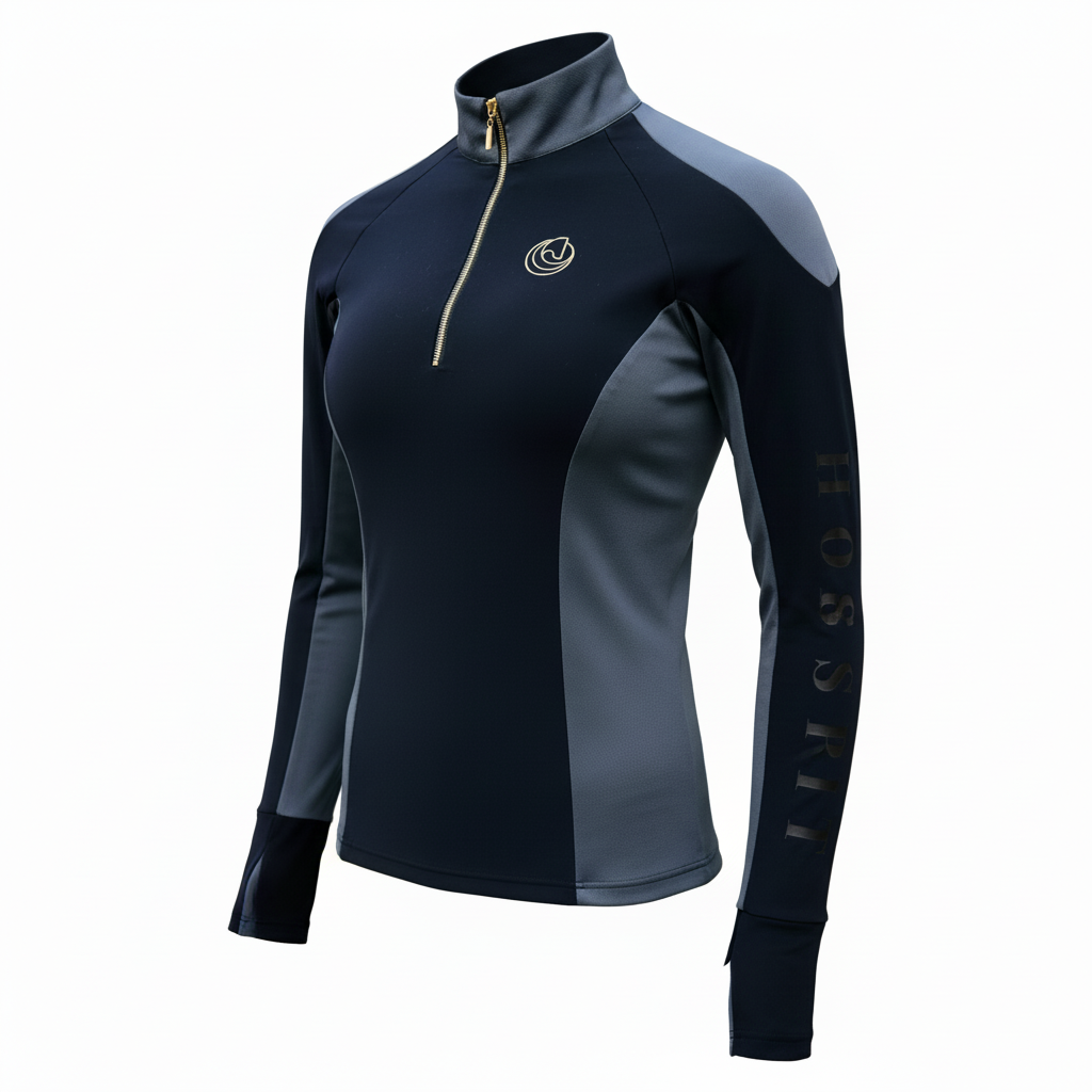 Horse Spirit Riding Layer in black and grey - Front view showing elegant stand collar, built-in hand covers, gold zipper, and technical brushed fabric.