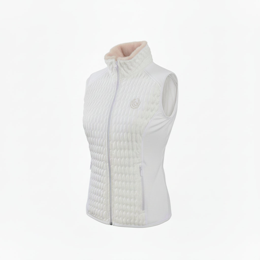 Horse Spirit White Bodywarmer - Front view of white bodywarmer with faux fur collar, showcasing elegant warmth and performance.