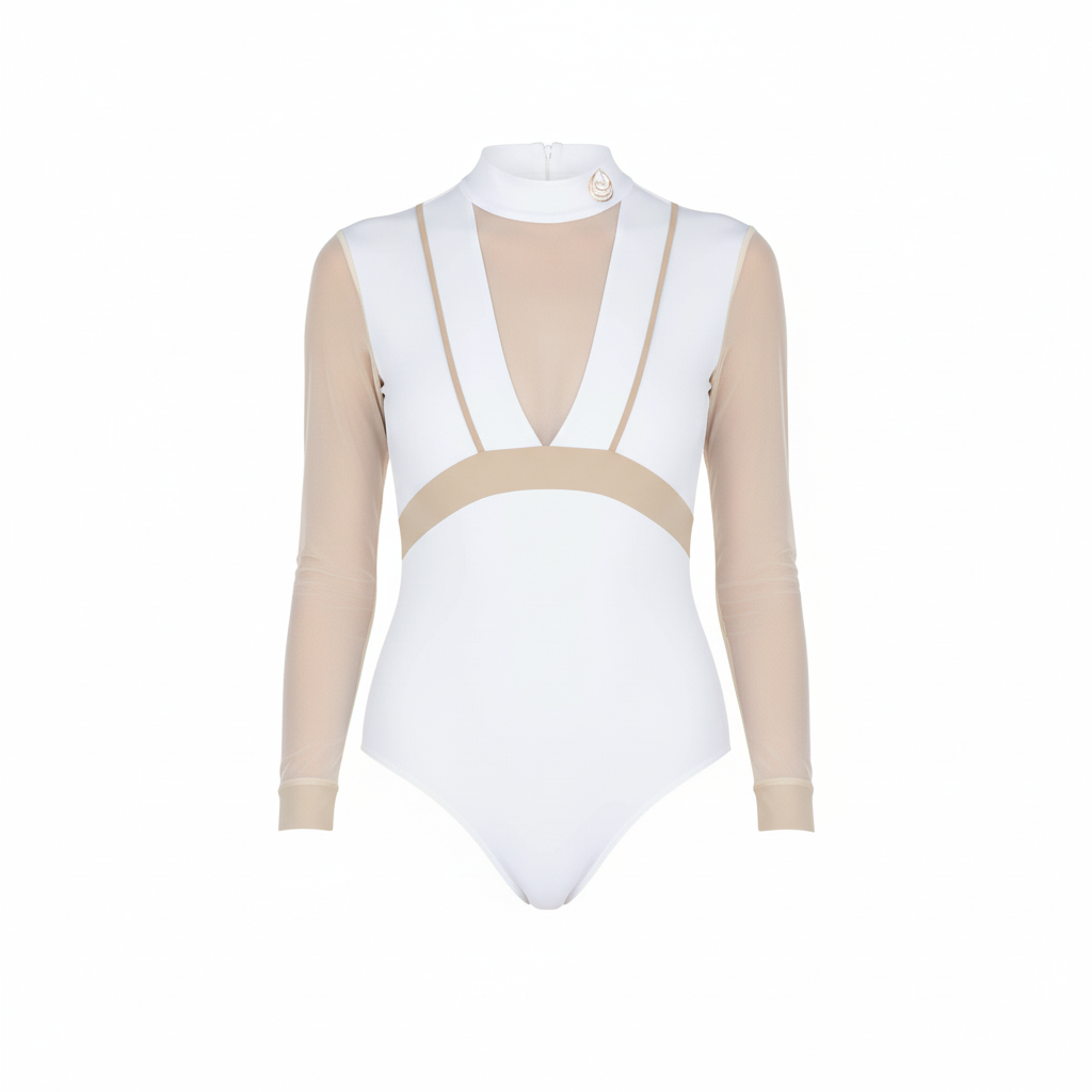 Horse Spirit Premium Bodysuit in white and beige - Front view showing elegant cut, durable nylon on chest and sleeves, and sophisticated two-tone colorway.