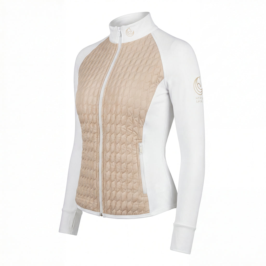 Horse Spirit Hybrid Jacket in White – insulated riding jacket with breathable side panels, streamlined athletic fit, and clean minimalist design.