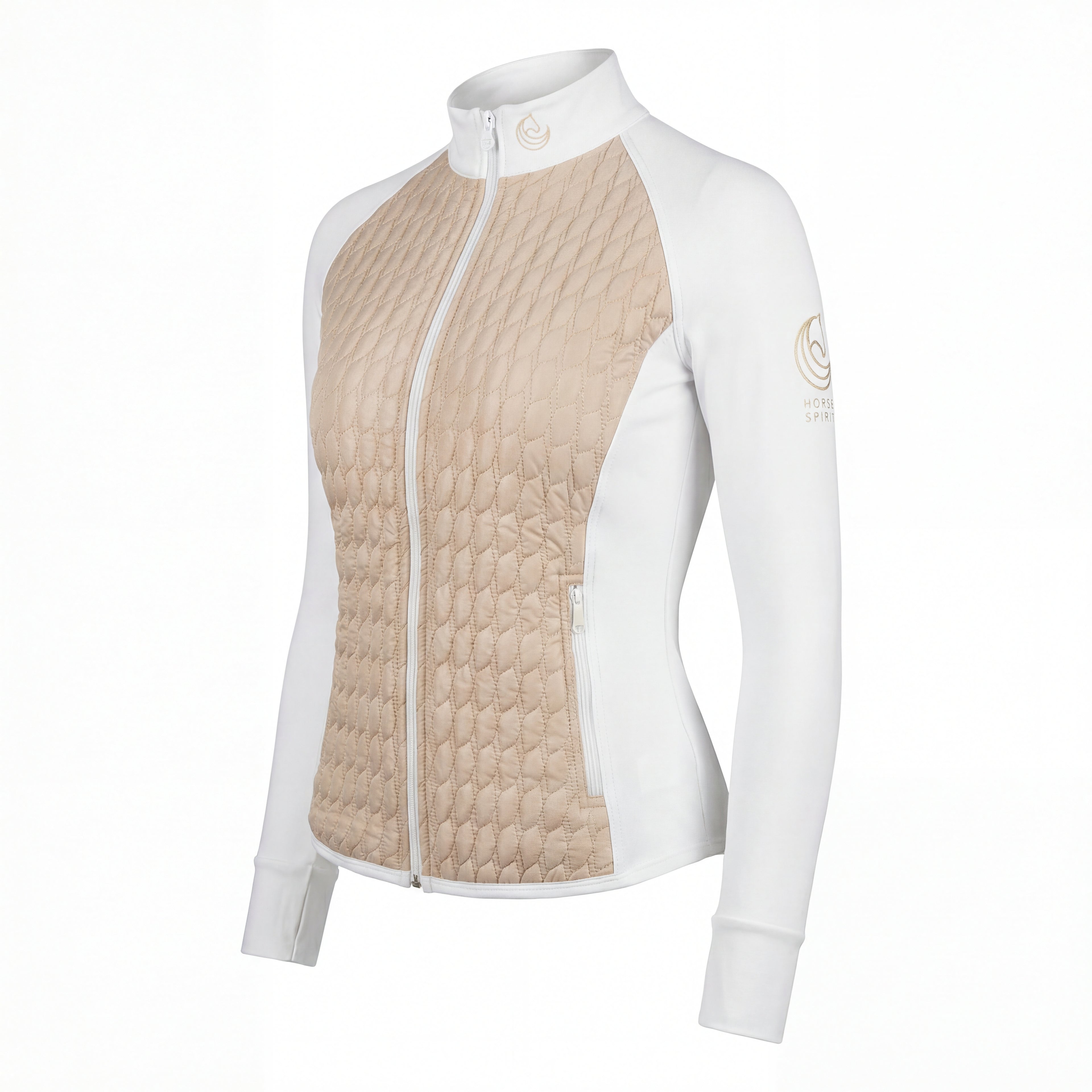 Horse Spirit Hybrid Jacket in White – insulated riding jacket with breathable side panels, streamlined athletic fit, and clean minimalist design.