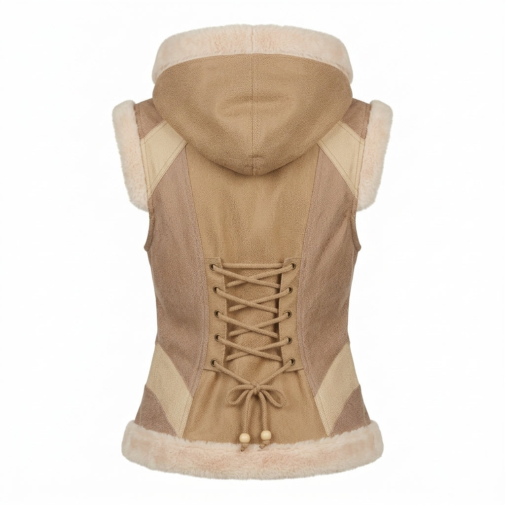 Rear view of the Horse Spirit Warrior Riding Bodywarmer in Beige, featuring back lacing/cinching that allows for width adjustment and a customized fit.