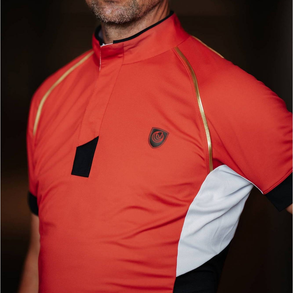Close-up detail of the Horse Spirit Sport Polo - Side mesh panel on premium red technical fabric for enhanced ventilation.