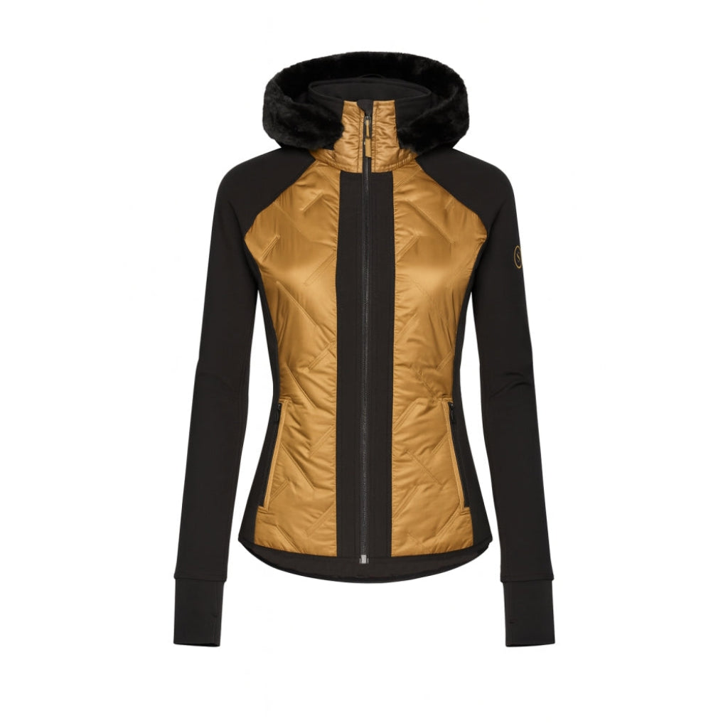 Horse Spirit Riding Jacket in bronze and black - Front view showing the quilted panels, integrated hood, and feminine cut for elegant riding and casual wear.
