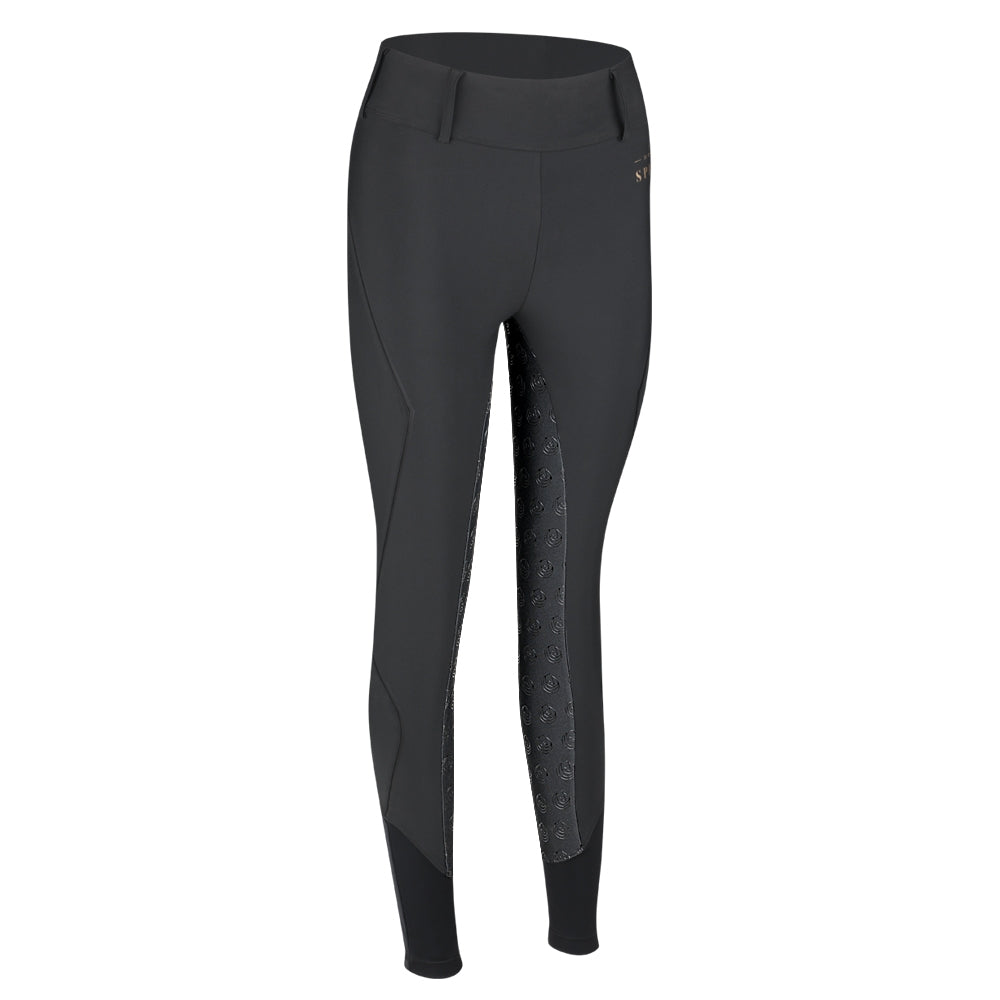 Horse Spirit Black Leggings - Front view on model showing the flattering higher waist, shiny fabric, and thigh phone pocket for riding and training.
