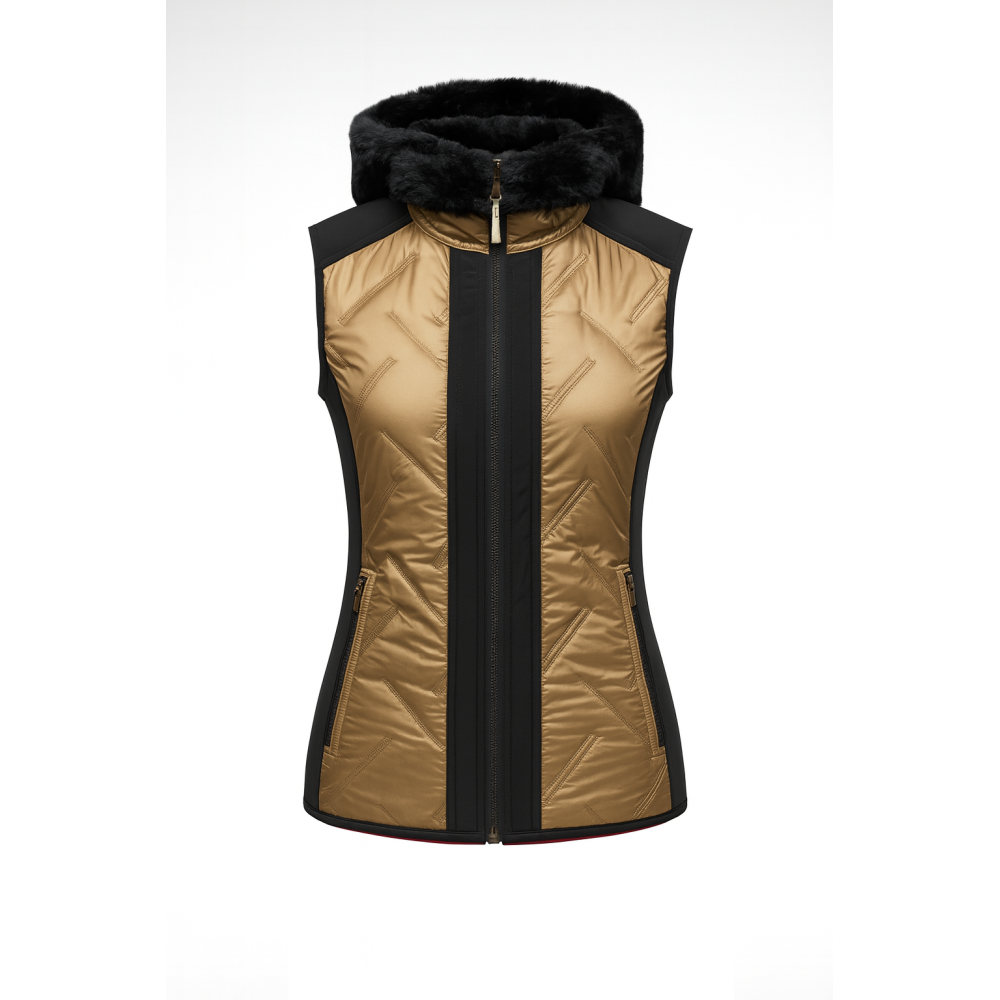 Horse Spirit Riding Bodywarmer in bronze and black - Front view on model showing the quilted panels, integrated hood, and feminine cut for elegant riding and casual wear.